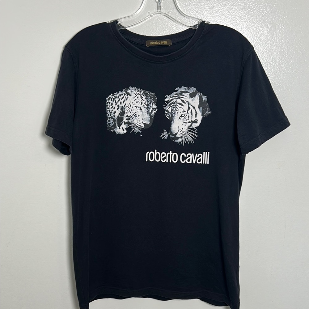 Robert Cavalli Men’s Big Cat White Tiger Black T-Shirt Authentic Size Large